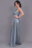 One-shoulder evening dress decorated with a crystal ribbon, pistachio green color