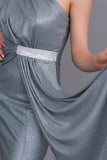 One-shoulder evening dress decorated with a crystal ribbon, pistachio green color