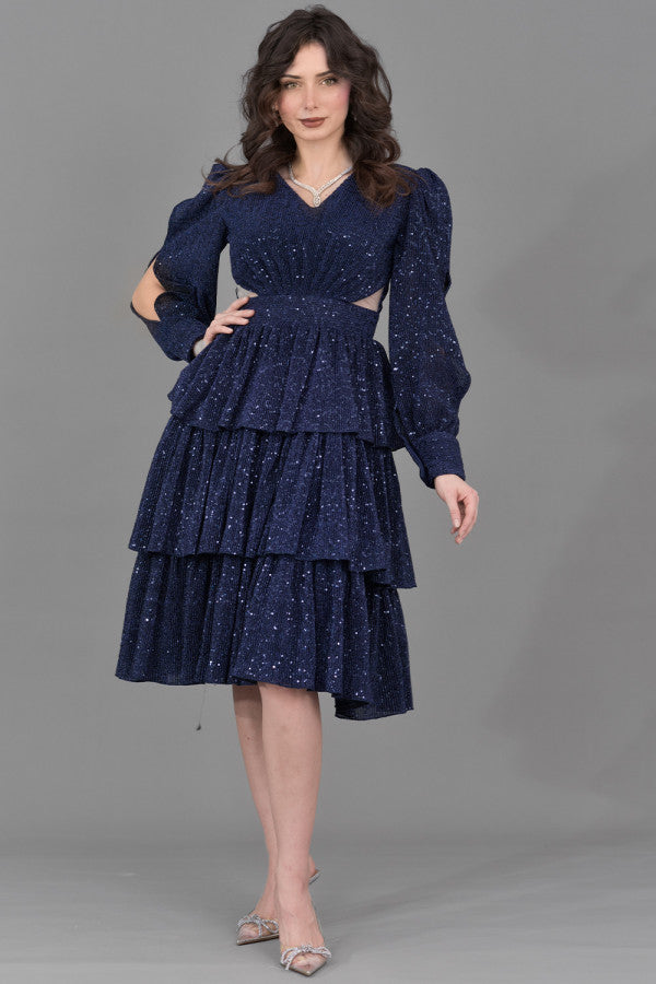 Layered sequin evening dress, navy blue