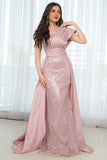 One-shoulder embroidered evening dress, pink