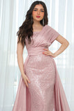 One-shoulder embroidered evening dress, pink