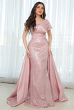 One-shoulder embroidered evening dress, pink