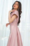 One-shoulder embroidered evening dress, pink