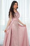 One-shoulder embroidered evening dress, pink