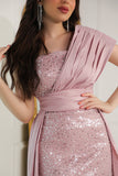 One-shoulder embroidered evening dress, pink