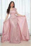 One-shoulder embroidered evening dress, pink