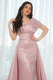 One-shoulder embroidered evening dress, pink