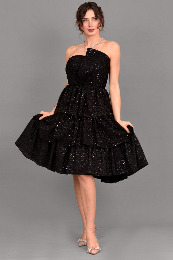 Short layered sequin evening dress, black