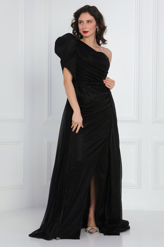 Black one shoulder shiny jersey dress