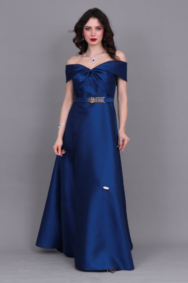 Close-of-shoulder evening dress with bow, turquoise color