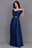 Close-of-shoulder evening dress with bow, turquoise color