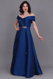 Close-of-shoulder evening dress with bow, turquoise color