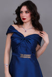 Close-of-shoulder evening dress with bow, turquoise color