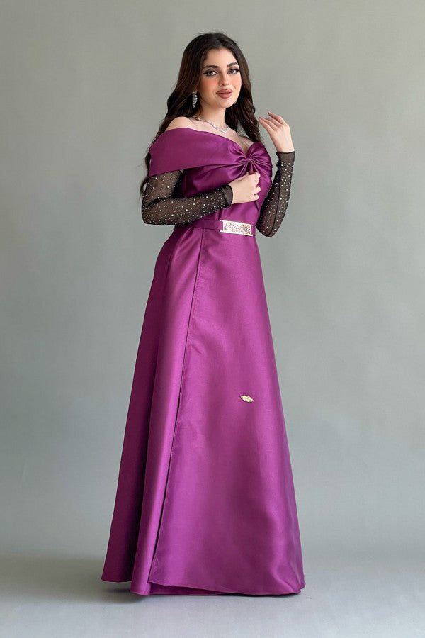 فستان سهره من قماش ميكادو بتصميم منسدل لون فوشي
