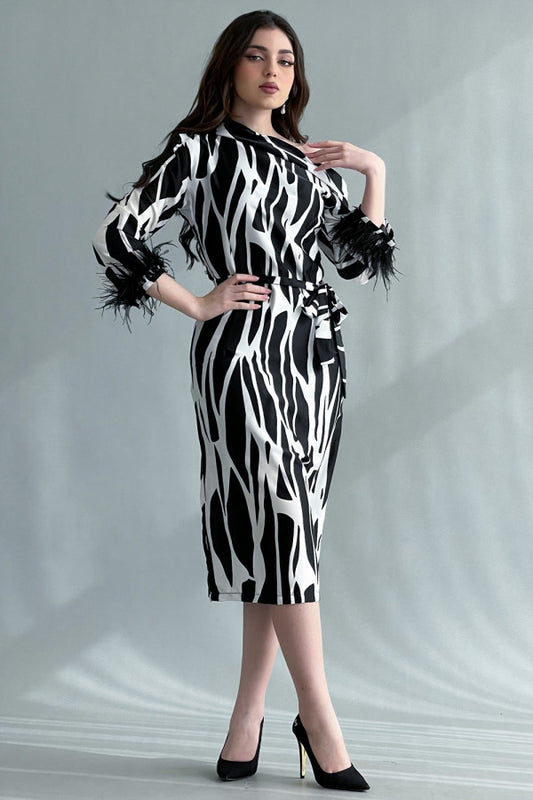 One shoulder dress decorated with feathers, white and black