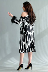 One shoulder dress decorated with feathers, white and black