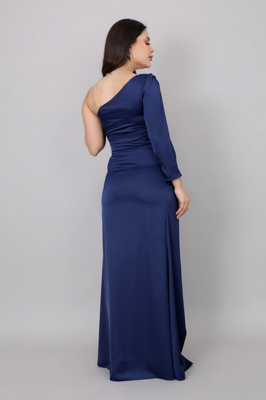 One-shoulder evening dress with side embroidery, blue