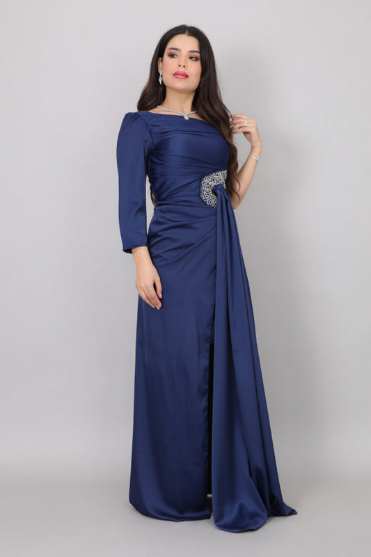 One-shoulder evening dress with side embroidery, blue