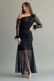 Asymmetric shoulder sequin dress decorated with feathers