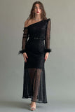 Asymmetric shoulder sequin dress decorated with feathers