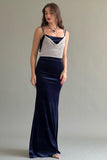 Velvet maxi dress with crystal bodice, navy blue