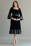 Suede dress with puff sleeves and ruffles