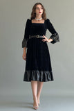 Suede dress with puff sleeves and ruffles