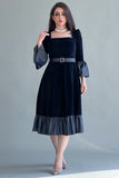 Suede dress with puff sleeves and ruffles