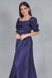 Metallic satin dress with pleats, navy blue 