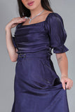 Metallic satin dress with pleats, navy blue 