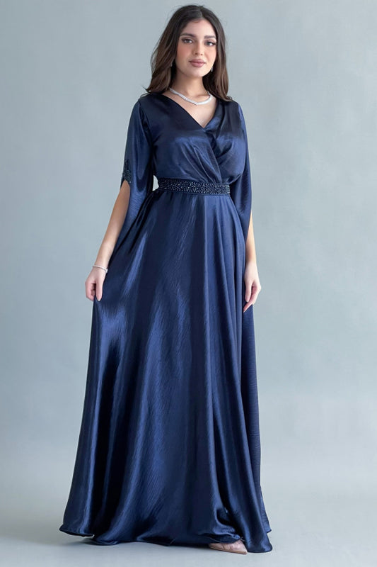 Cloche dress with crystal embroidered sleeves, navy blue