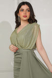 Olive color crystal embroidered split dress