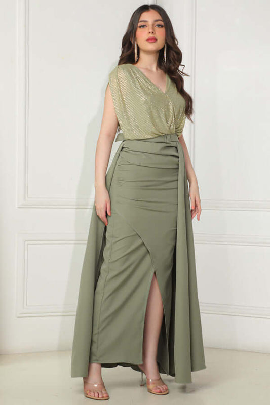 Olive color crystal embroidered split dress