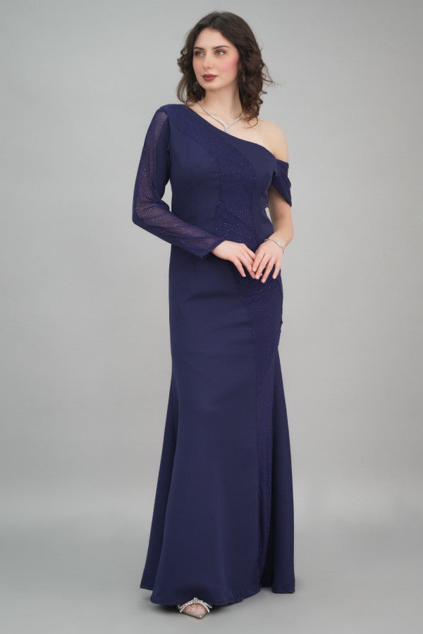 Asymmetric sleeve jersey dress decorated with beads, navy blue