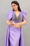 Evening dress with embroidered chest and tail in the back, mauve color