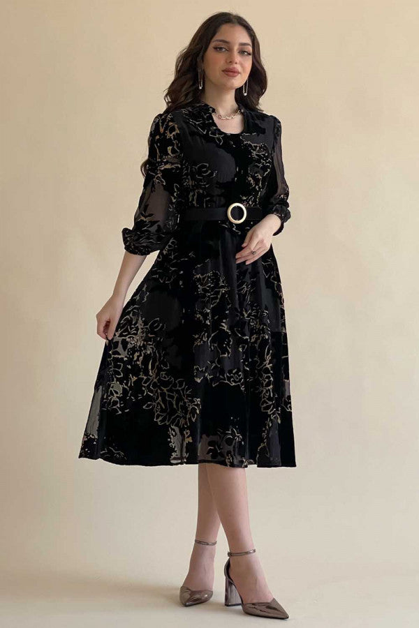 Velvet dress with short chiffon overlay and lantern sleeves