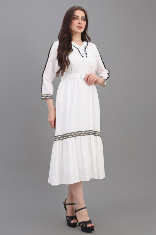 Embroidered linen maxi dress with sleeves