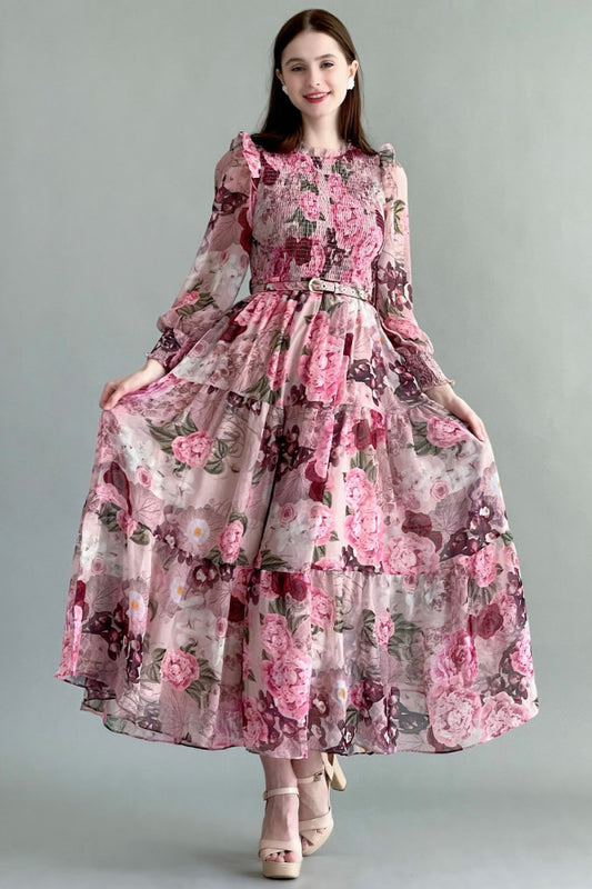 Floral chiffon dress with an open chest, pink color