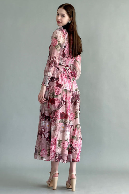 Floral chiffon dress with an open chest, pink color