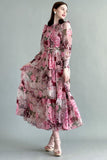 Floral chiffon dress with an open chest, pink color