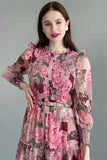 Floral chiffon dress with an open chest, pink color