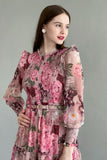 Floral chiffon dress with an open chest, pink color