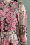 Floral chiffon dress with an open chest, pink color