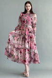 Floral chiffon dress with an open chest, pink color