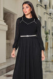 Black lace sweater dress with belt at the waist 