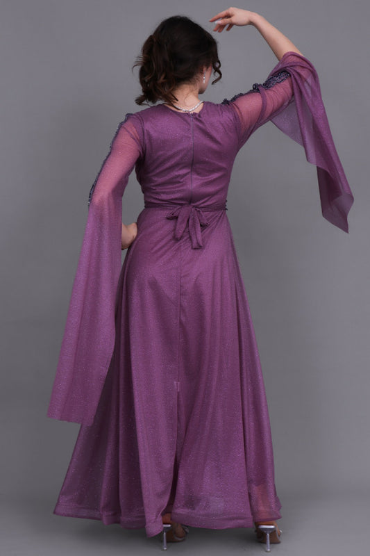 Evening dress with cape sleeves, mauve color