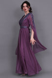 Evening dress with cape sleeves, mauve color