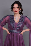 Evening dress with cape sleeves, mauve color