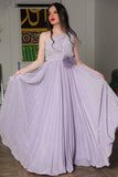 Evening dress with pleated design on the chest and one shoulder, purple