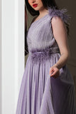 Evening dress with pleated design on the chest and one shoulder, purple